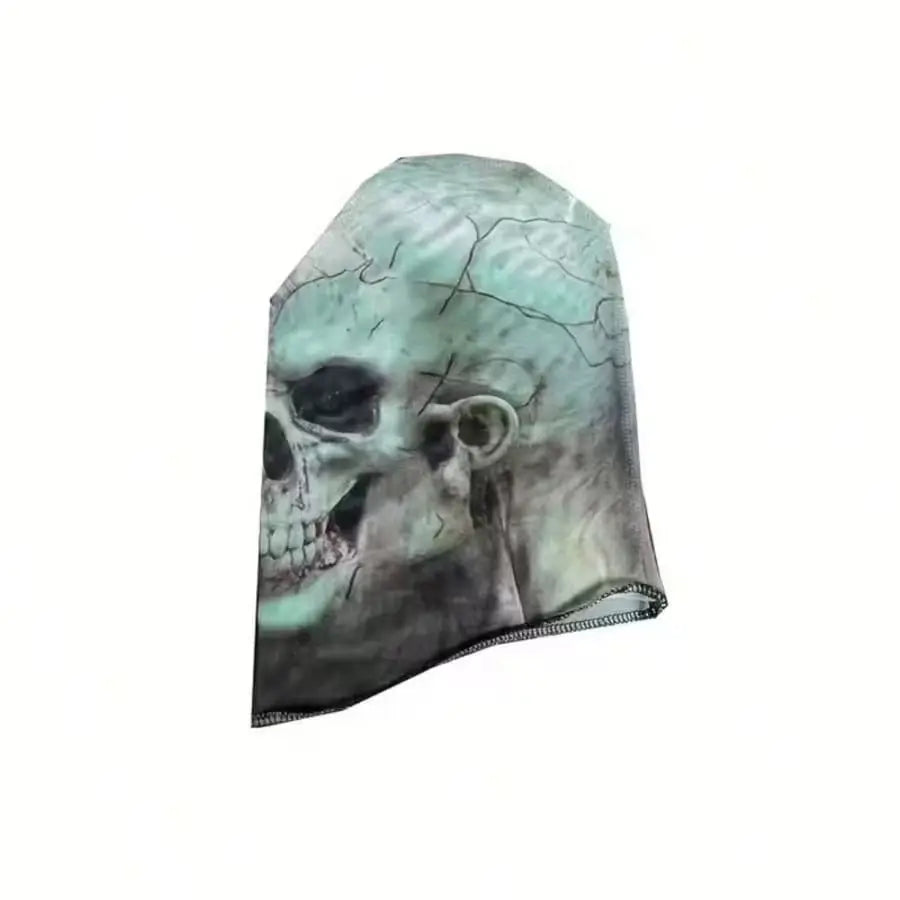 Cracked Skull Face Mask side profile showing the gray skull print, fabric hood shape, and stitched lower edge.