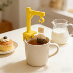 Crane Tea Bag Holder clipped to a cream mug with a tea bag hanging above the drink beside a cupcake.