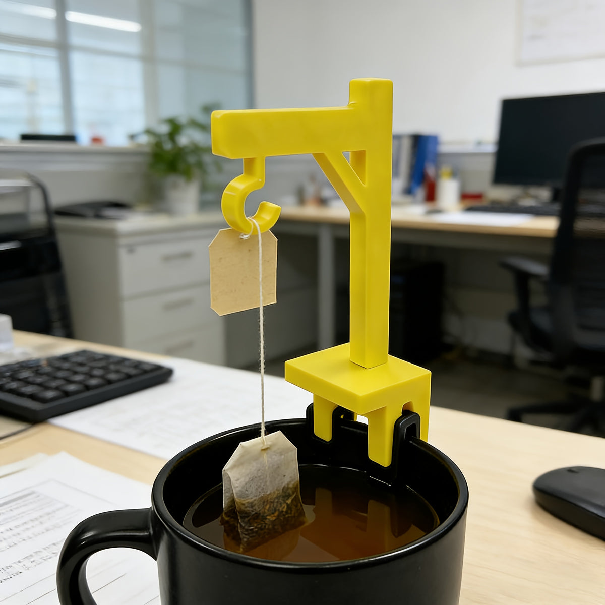 Crane Tea Bag Holder close-up on a black mug, with its hook and tea bag visible against an office background.