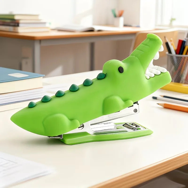 Crocodile Mini Stapler on a white classroom desk beside pencils and stacked notebooks