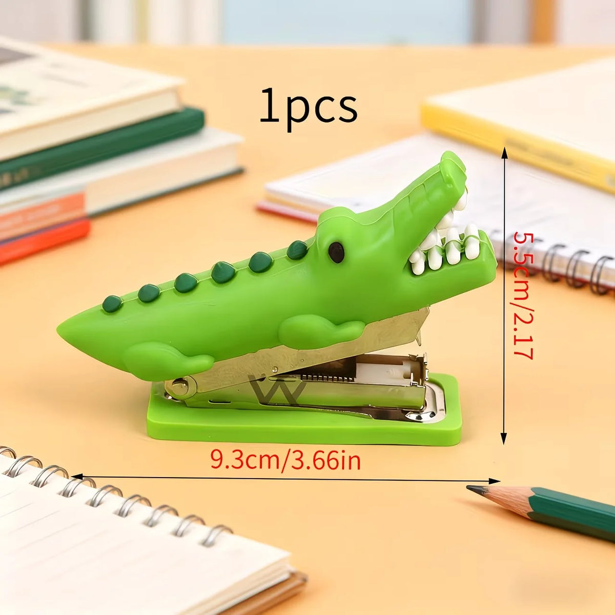 Crocodile Mini Stapler size guide showing 9.3 cm length, 5.5 cm height and one-piece quantity