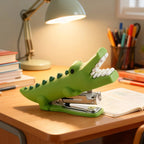 Crocodile Mini Stapler in green on a wooden study desk beneath a lamp, beside an open notebook