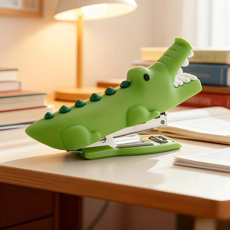 Crocodile Mini Stapler side view showing its green body and metal mechanism beside notebooks