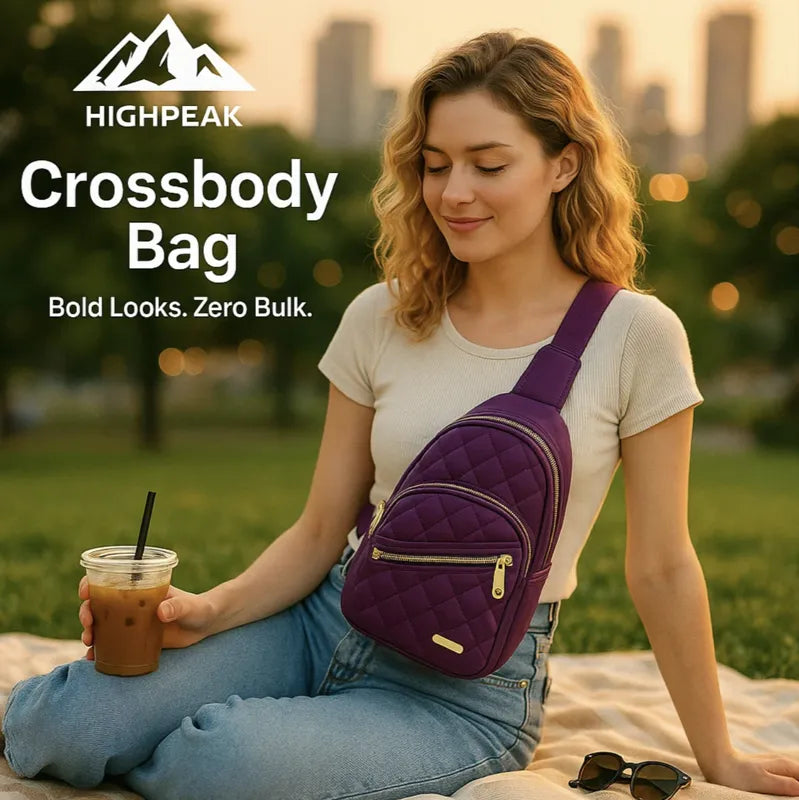 HighPeak Crossbody Bag in purple quilted design worn by woman outdoors with adjustable strap and double-zip pockets.