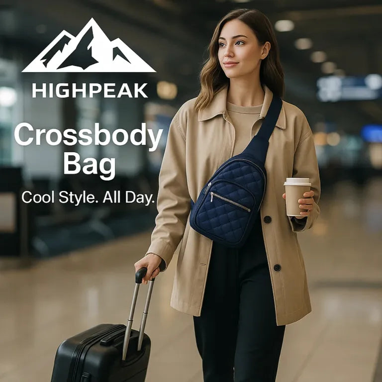 HighPeak Crossbody Bag in navy quilted design worn by woman at airport with coffee and suitcase for travel use