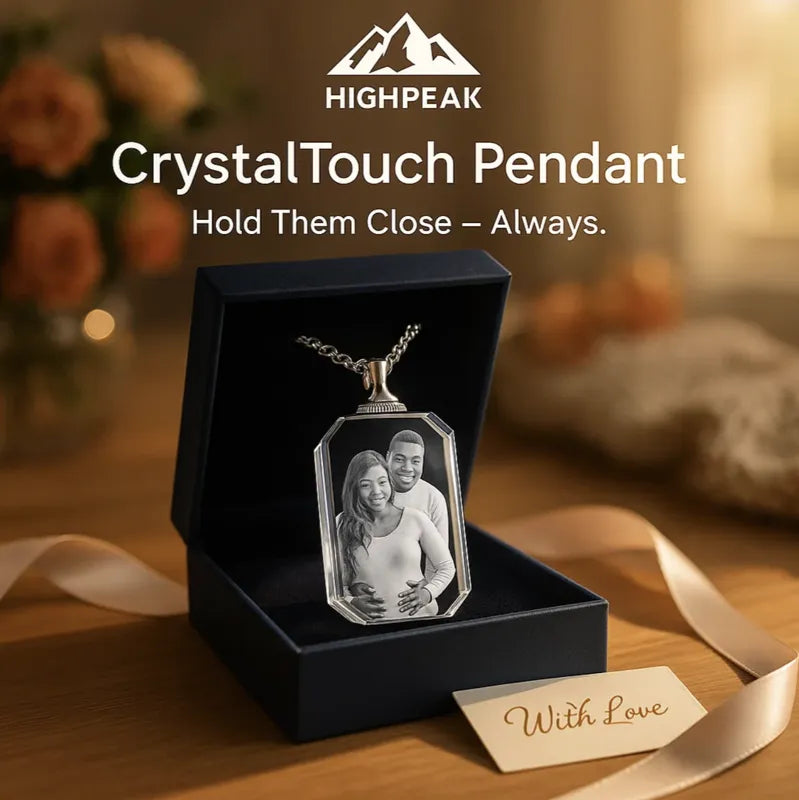 HighPeak CrystalTouch Pendant with custom laser-engraved photo in clear crystal glass, displayed in black gift box.