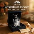 HighPeak CrystalTouch Pendant with custom laser-engraved photo in clear crystal glass, displayed in black gift box.