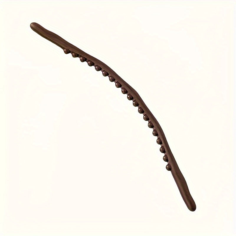 Curved Back Massage Stick shown diagonally with its brown arched body and single row of beads