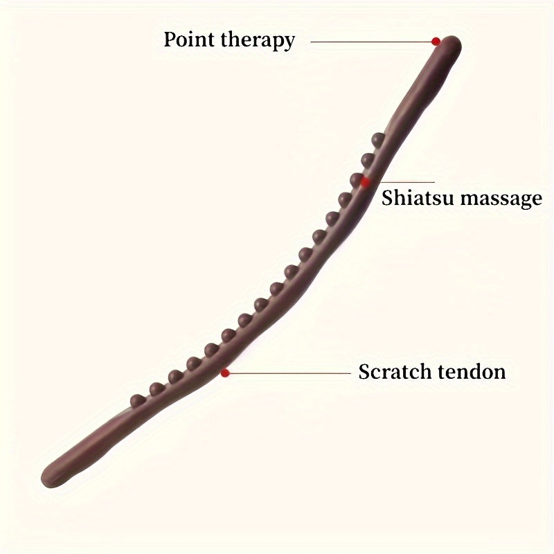 Curved Back Massage Stick diagram identifying the rounded handle tip, bead row and curved edge