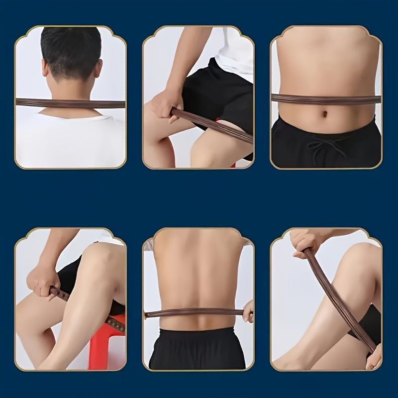 Curved Back Massage Stick demonstrated on the neck, thighs, abdomen, lower back and calf in six panels