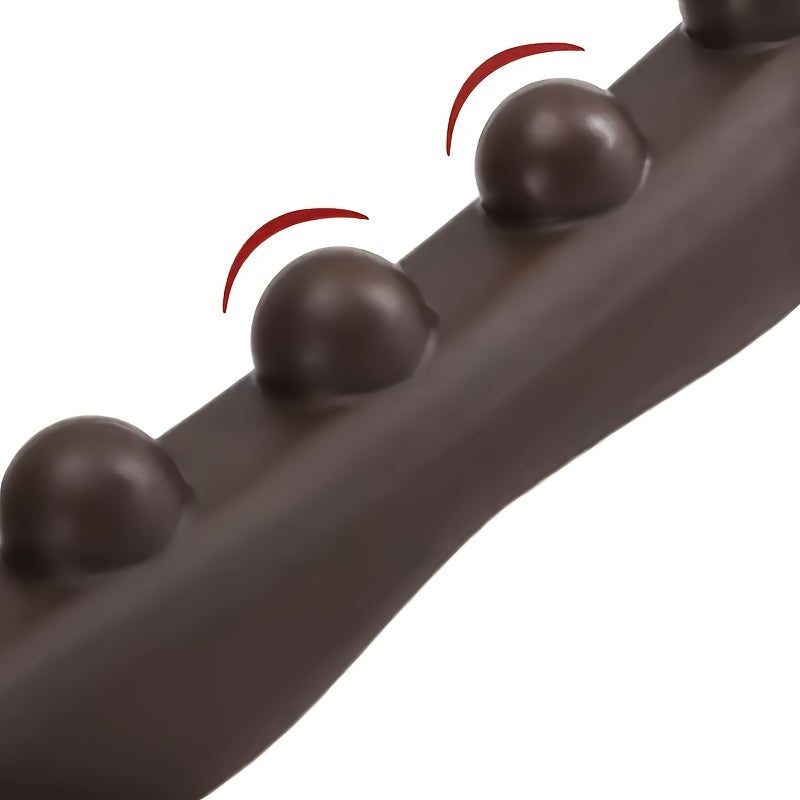 Curved Back Massage Stick close-up of rounded brown beads with arrows indicating rolling movement