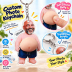 Close-up of a personalized acrylic photo keychain with a raised silicone belly and name