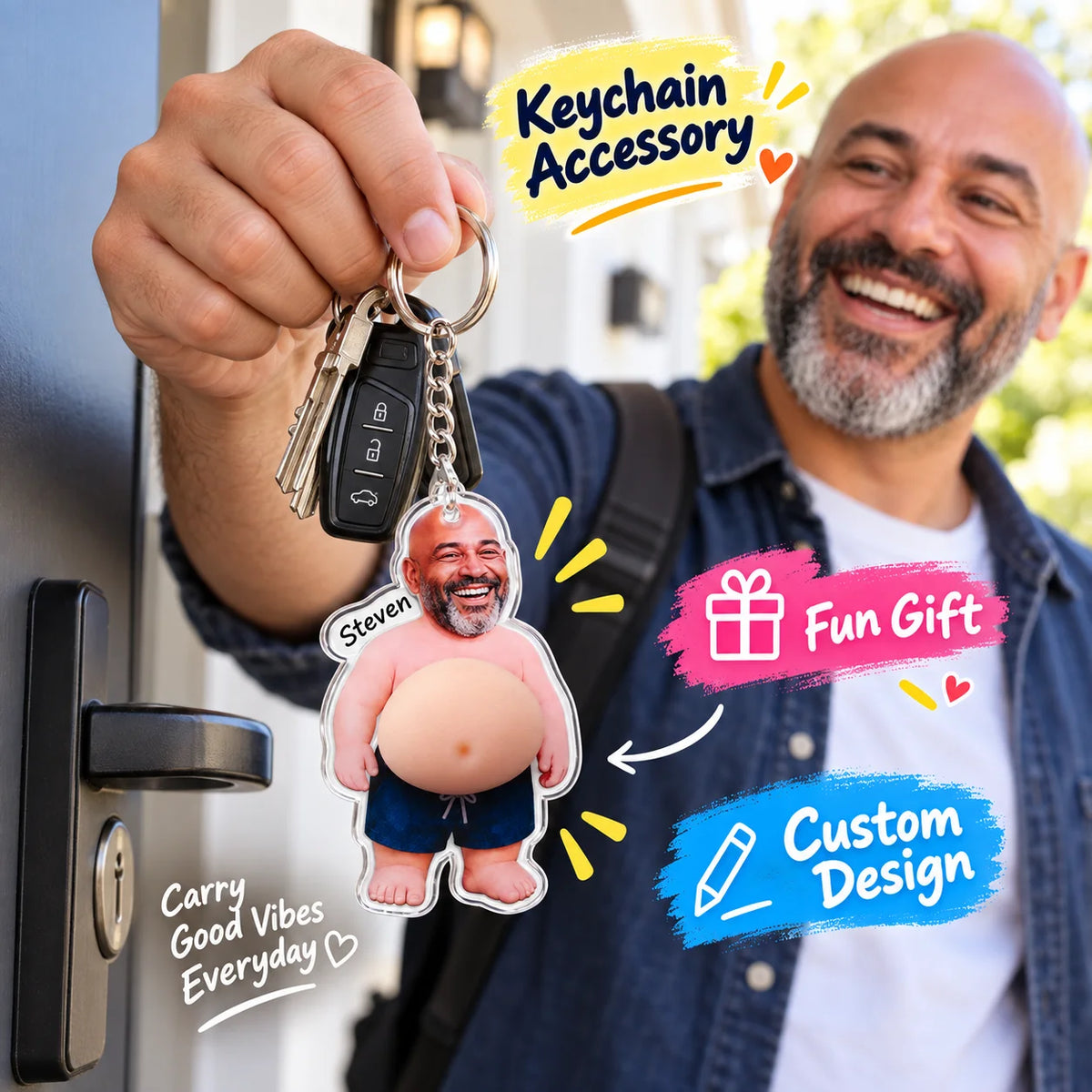 Man holding keys with a personalized squishy belly keychain beside a doorway