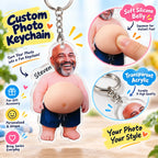 Custom photo keychain showing the soft silicone belly being squeezed and clear acrylic detail