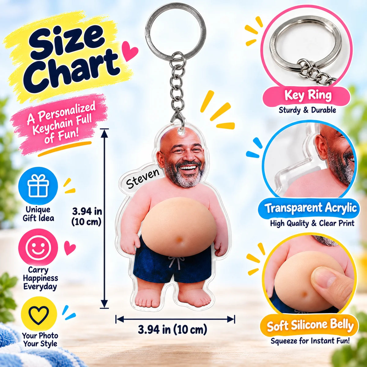 Squishy belly keychain size chart labeled 3.94 inches and 10 cm with keyring and material close-ups