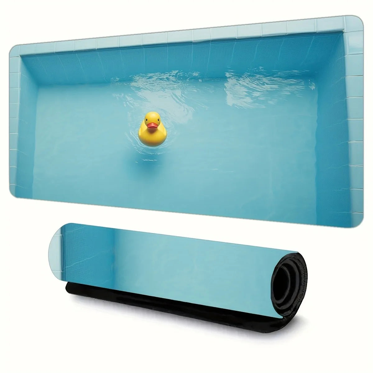 Cute Duck Desk Mat flat and rolled views showing the printed pool design and flexible black rubber backing