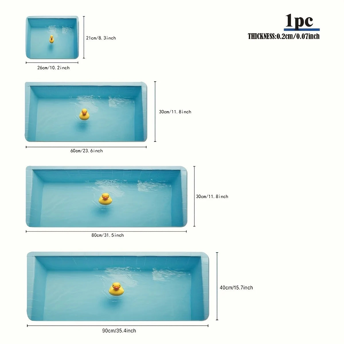 Cute Duck Desk Mat supplier chart showing 21x26, 30x60, 30x80 and 40x90 cm examples; choose size from the selector
