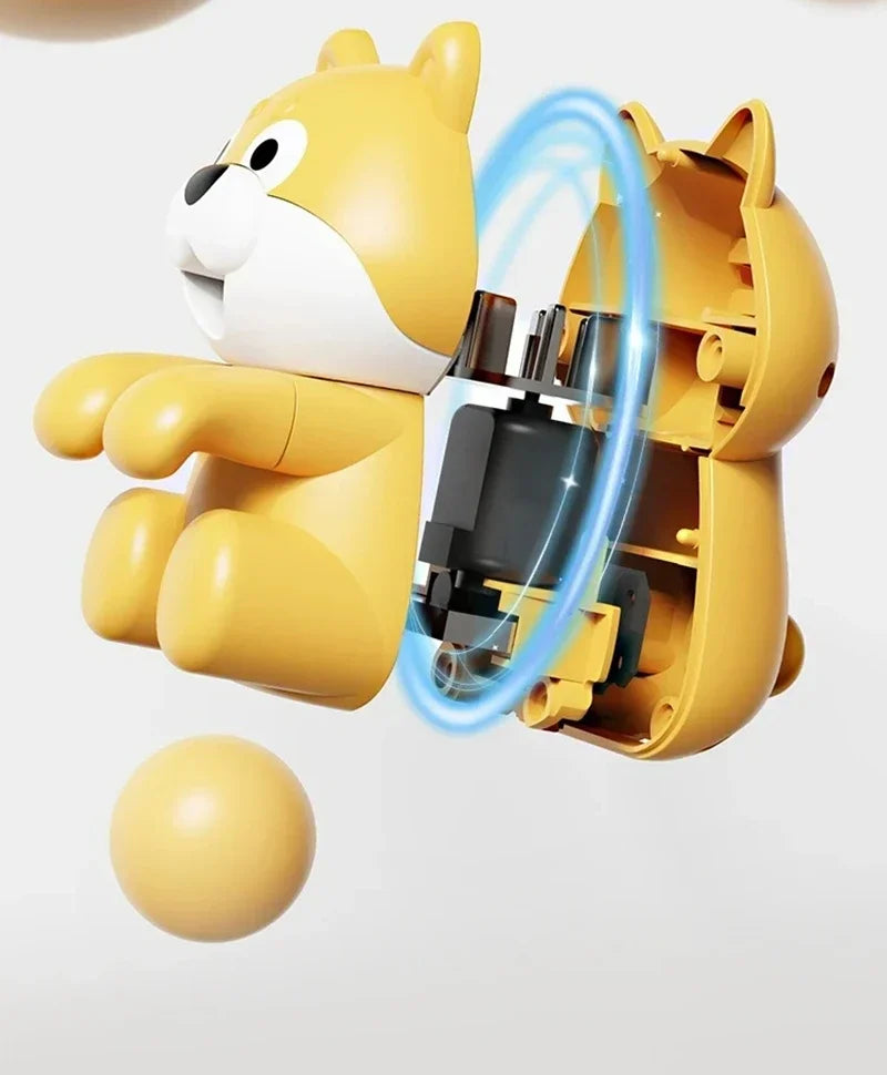 Cute Food Cooling Fan exploded side view showing the puppy shell, internal motor and blue airflow graphic