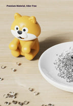 Cute Food Cooling Fan standing on a wooden surface beside clear beads and a white dish