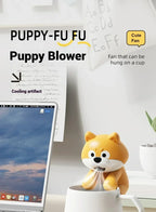 Cute Food Cooling Fan on a mug beside a laptop in a tall supplier poster with puppy blower text