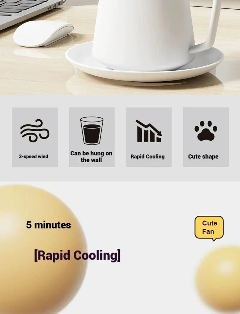 Cute Food Cooling Fan supplier feature panel with three-speed airflow, cup and paw icons