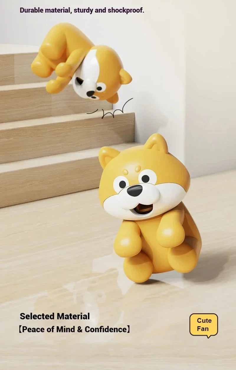 Cute Food Cooling Fan supplier illustration showing the puppy fan beside steps and in a simulated fall