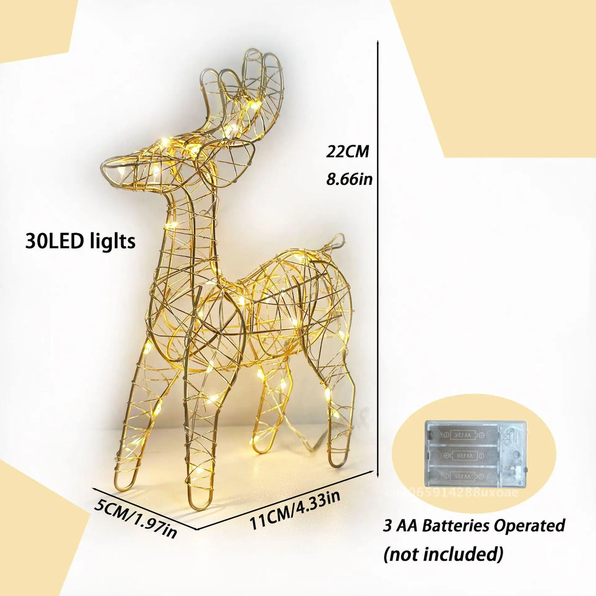 Cute Lighted Wire Reindeer size guide showing 22 cm height, 30 LEDs and three AA batteries required