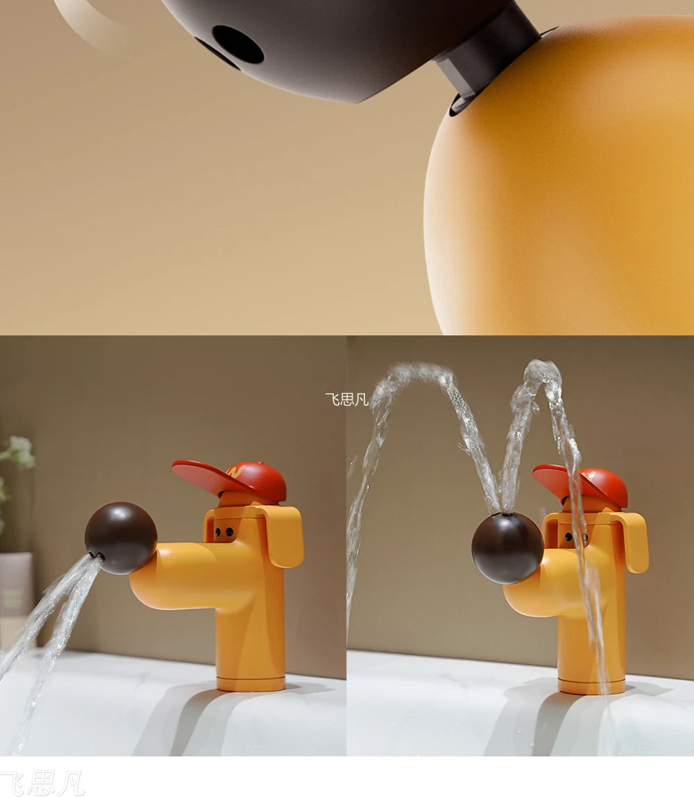 Puppy faucet demonstrating downward and upward water streams from its adjustable nose