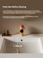 Puppy faucet above a basin with supplier guidance recommending a basin wider than 30 cm