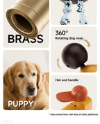 Puppy faucet collage showing brass construction, rotating nose, red hat handle, and dog inspiration