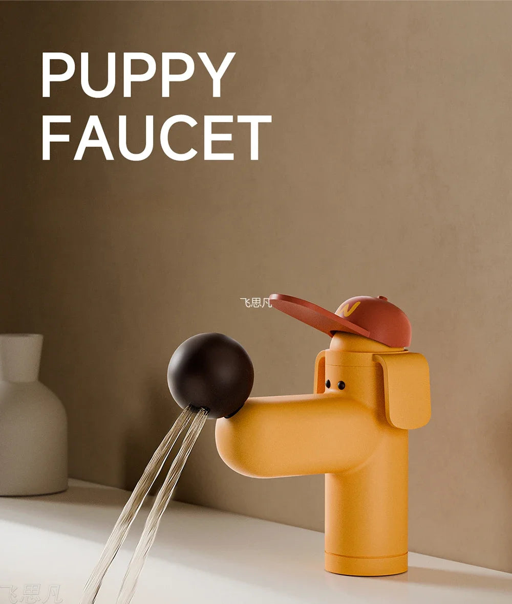 Puppy faucet with raised cap and water flowing into a white bathroom sink