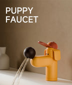 Cute Puppy Sink Faucet with red hat and water flowing from its brown nose into a white basin