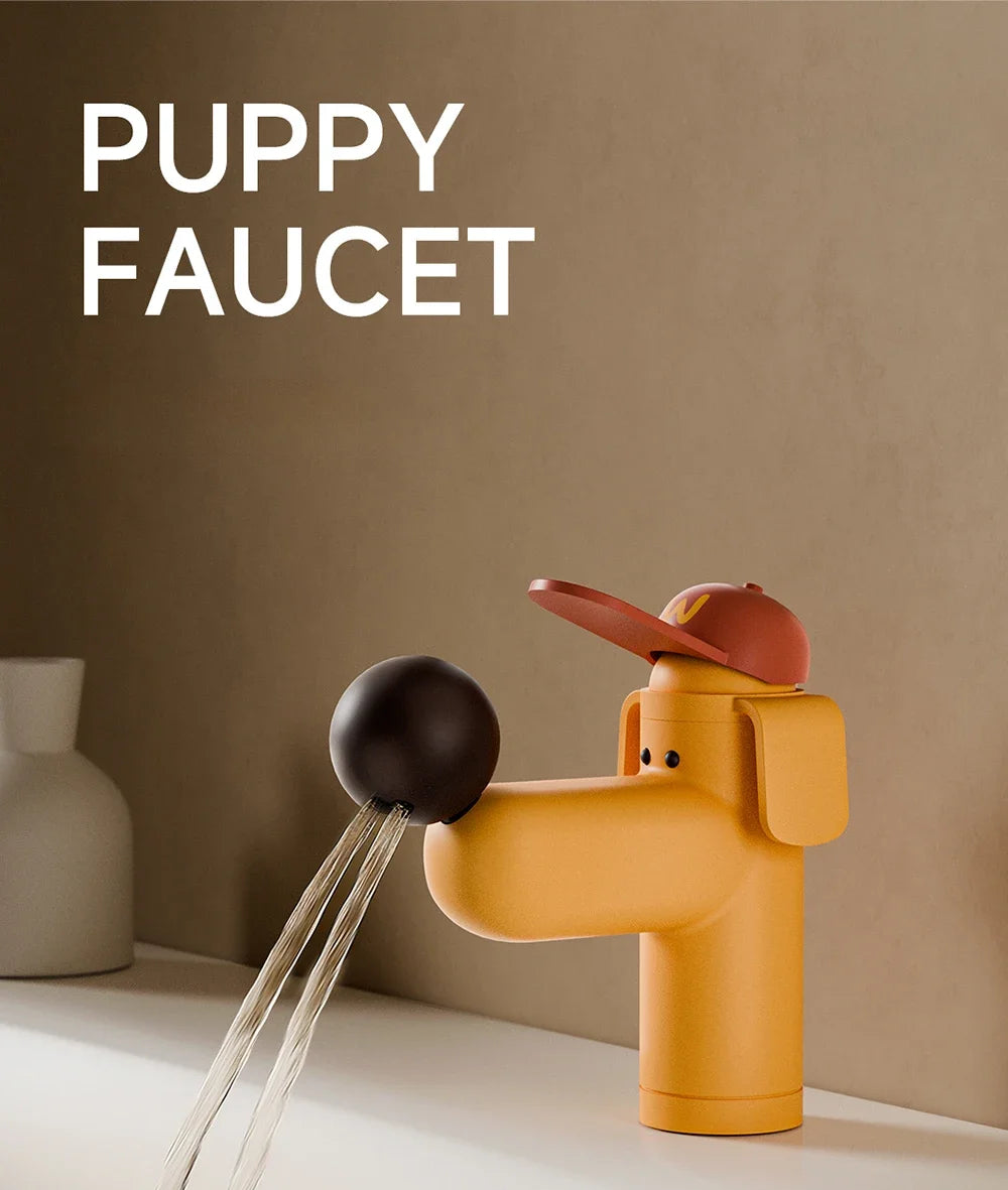 Cute Puppy Sink Faucet with red hat and water flowing from its brown nose into a white basin