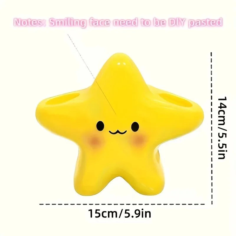 Cute Star Toothbrush Holder size guide showing 15 cm width, 14 cm height, and decorative face placement
