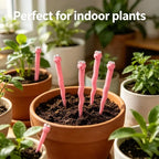 Cute Worm Plant Ornaments: four pink worms standing in a large terracotta pot among indoor potted plants.
