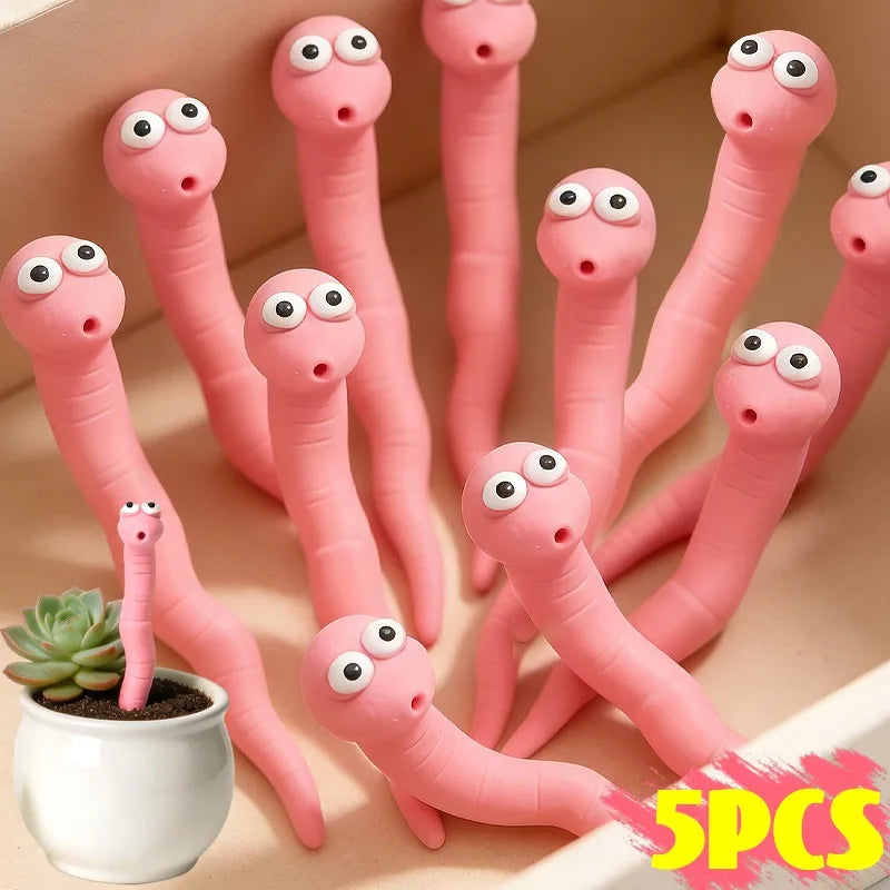 Cute Worm Plant Ornaments: pink worms with wide eyes and open mouths, plus a succulent-pot inset and 5PCS label.