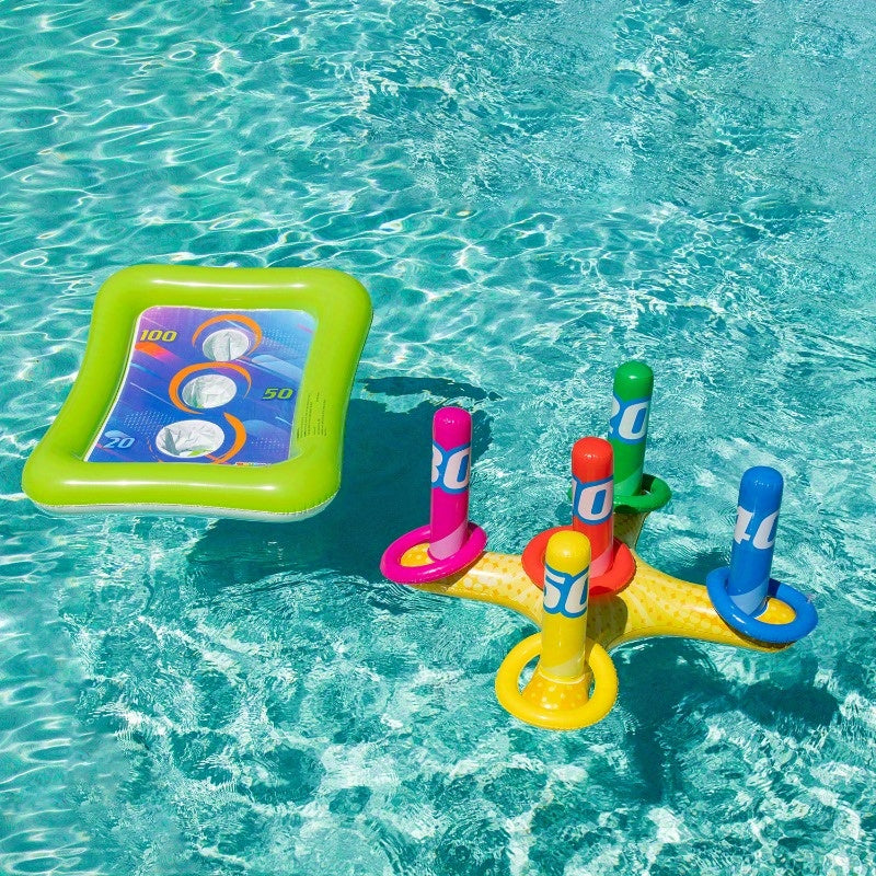 HighPeak 2-in-1 Inflatable Pool Toss Game floating in pool with colorful ring toss and corn-toss targets summer fun