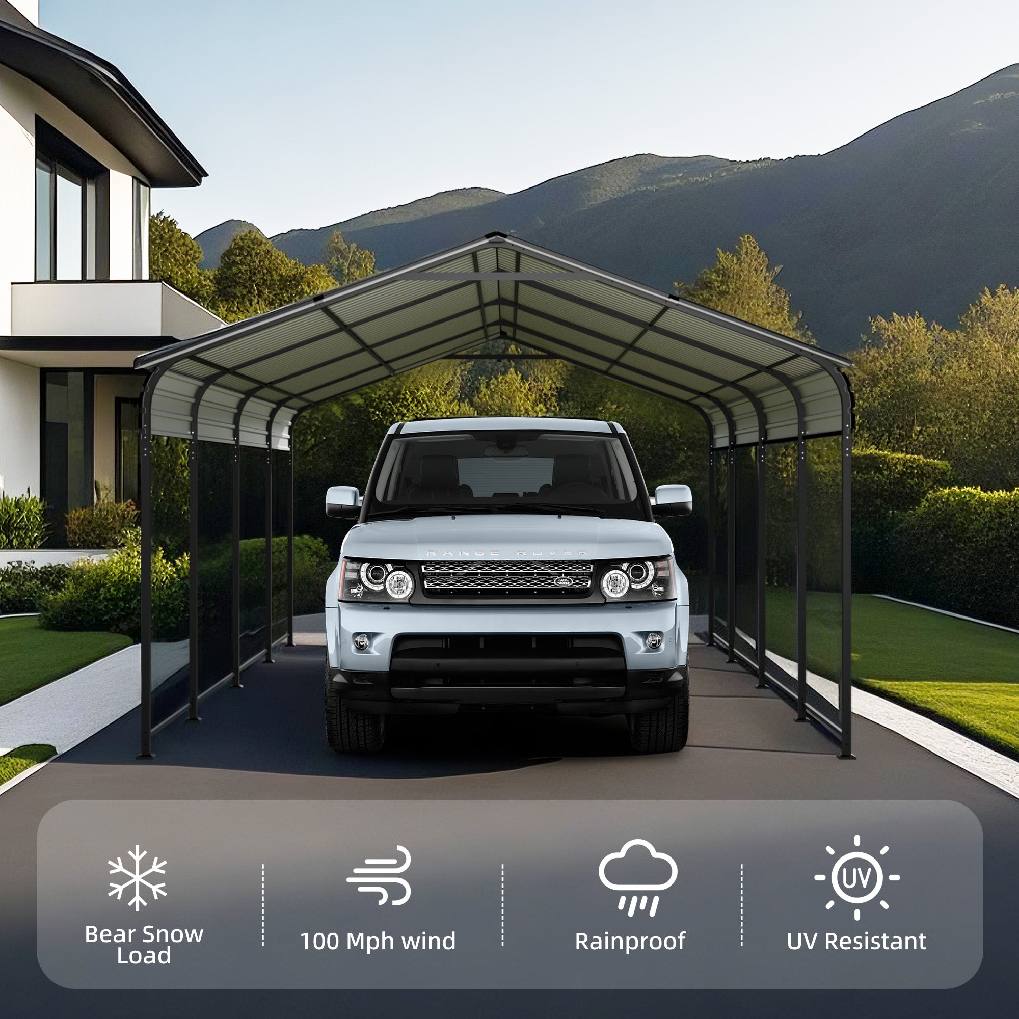 HighPeak Metal Carport in black with galvanized steel roof protecting SUV in a driveway with mountain background