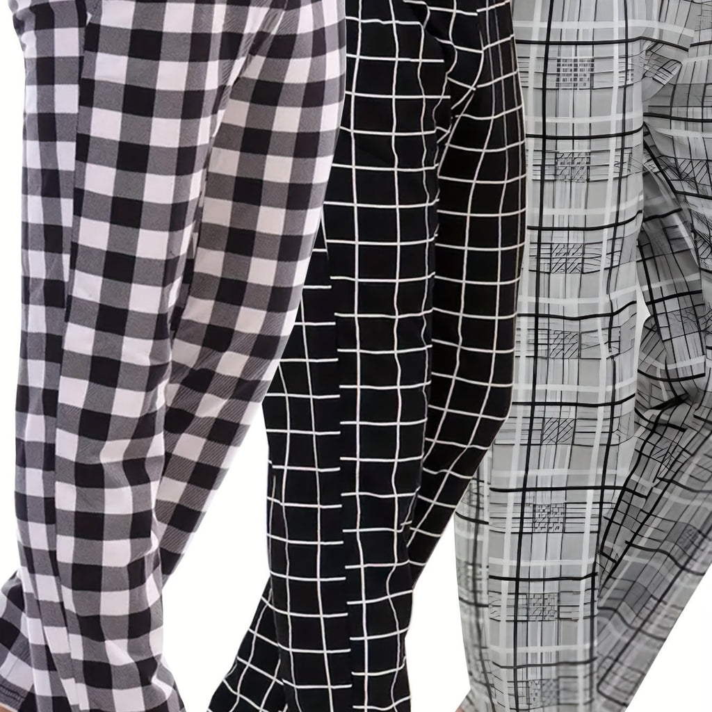 HighPeak Modern Pajama Pants (3-Pack) featuring black and white plaid patterns with drawstring waist and side pockets for comfort.
