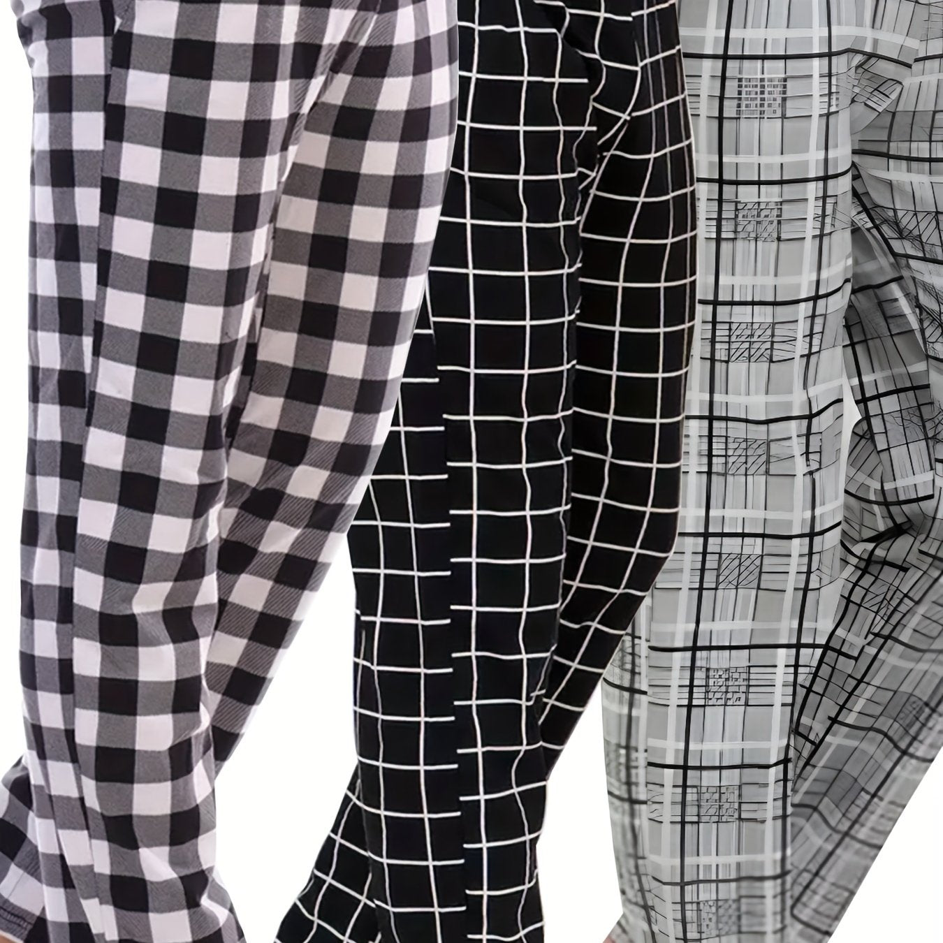 HighPeak Modern Pajama Pants (3-Pack) featuring black and white plaid patterns with drawstring waist and side pockets for comfort.