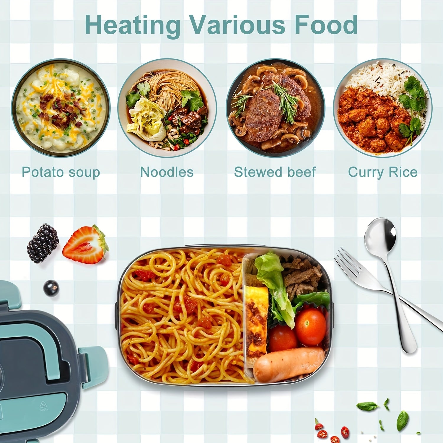 HeatMate™ electric lunch box with stainless steel tray heating noodles, sausage, salad, and assorted meals on a checkered tablecloth
