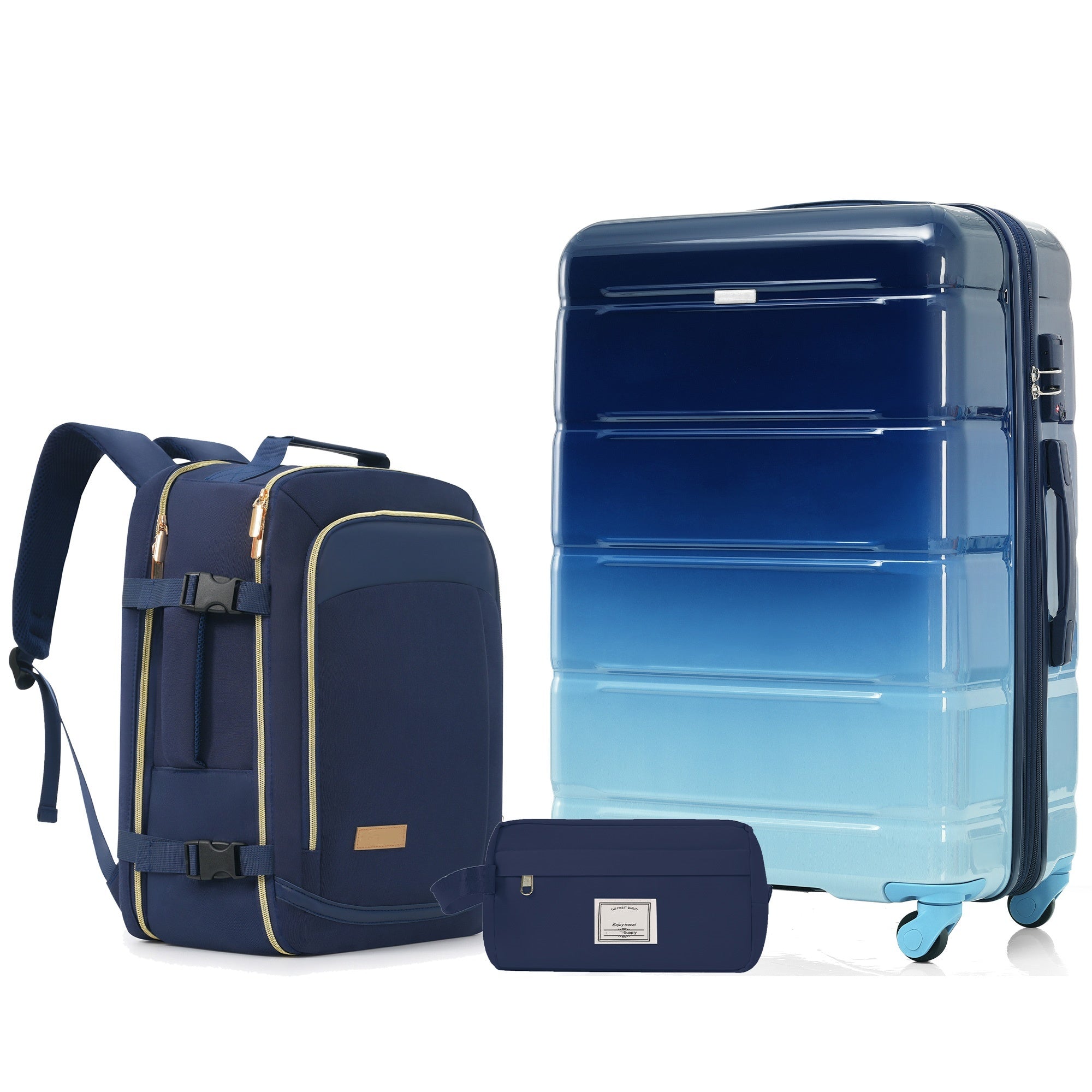 Blue suitcase and backpack on a white background