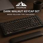 HighPeak Dark Walnut Keycap Set on a mechanical keyboard with matching wrist rest on wooden desk background