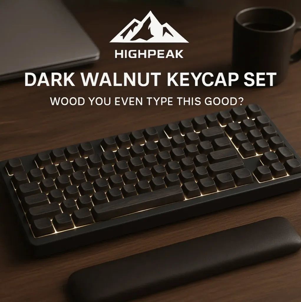 HighPeak Dark Walnut Keycap Set on a mechanical keyboard with matching wrist rest on wooden desk background