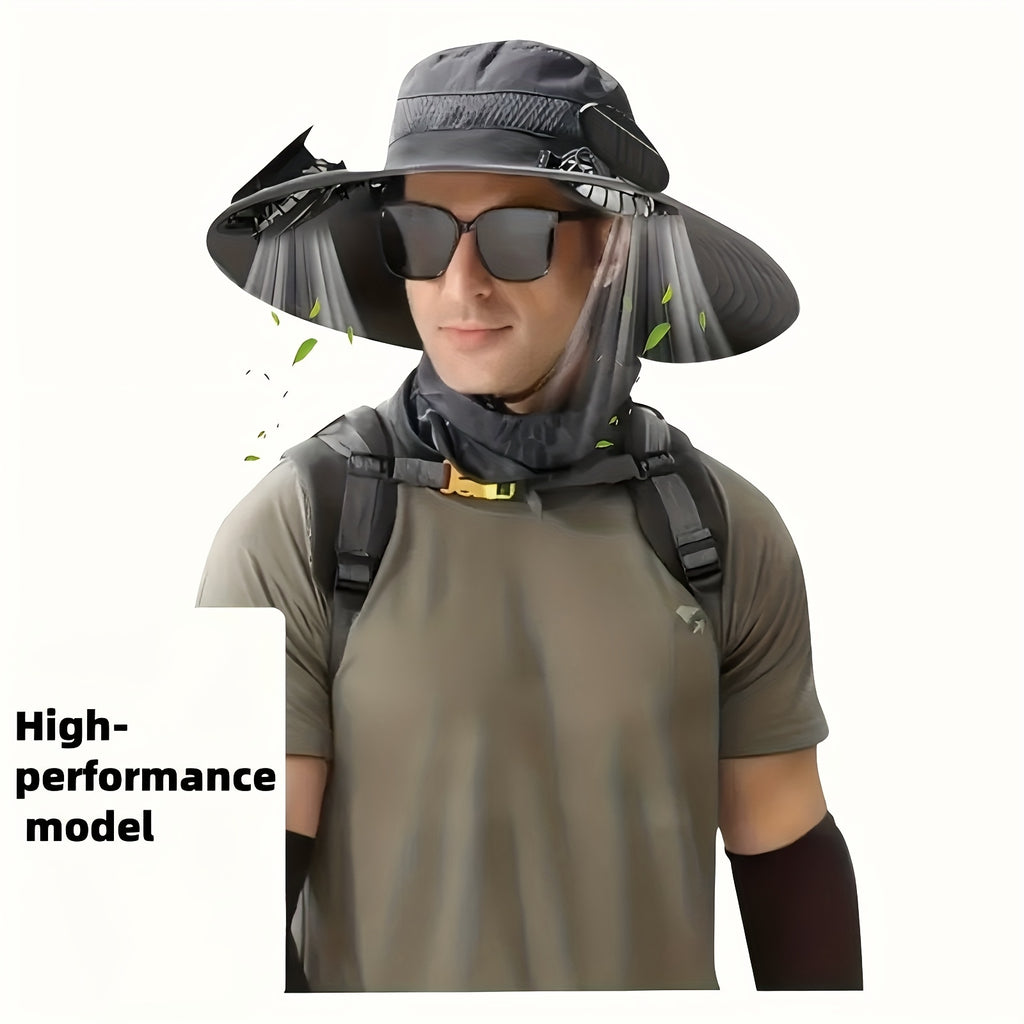 HighPeak Cooling Fan Sun Hat in gray worn by man outdoors with sunglasses and backpack, showing dual fans and neck flap features