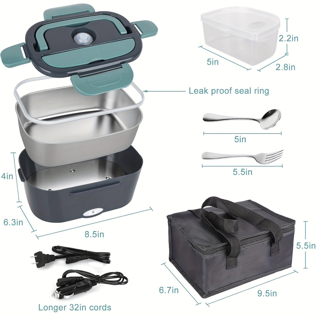 HeatMate™ Electric Lunch Box with leakproof stainless steel tray, insulated bag, utensils, and dual 12V/110V power cords.