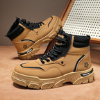 TrailForge™ Boots in tan with black faux leather upper, rugged EVA sole, and lace-up high-top design by HighPeak.