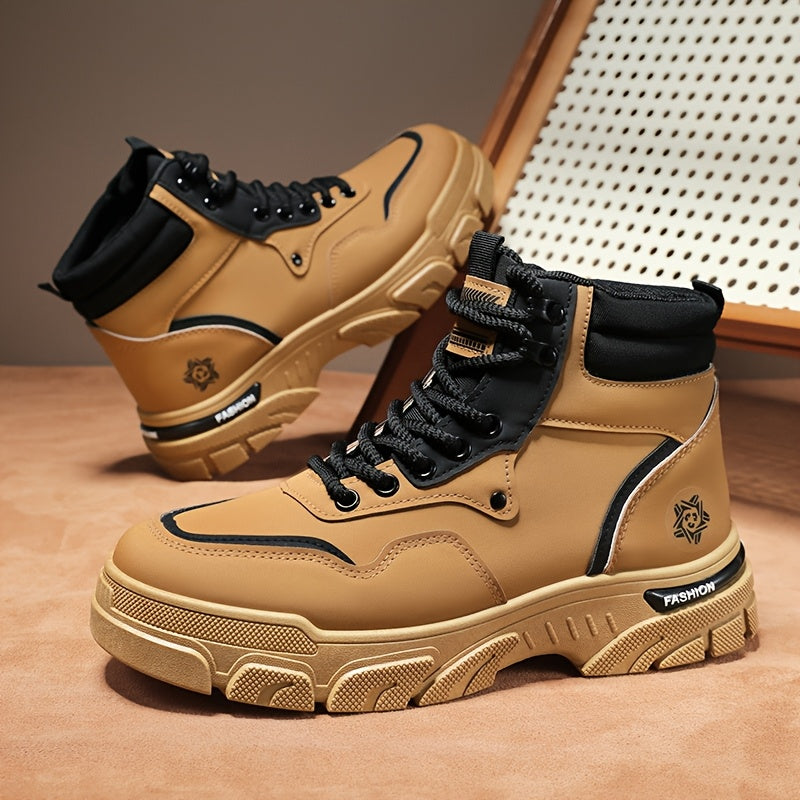 TrailForge™ Boots in tan with black faux leather upper, rugged EVA sole, and lace-up high-top design by HighPeak.