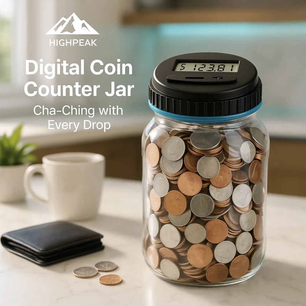HighPeak Digital Coin Counter Jar filled with mixed coins on a kitchen counter showing digital LCD savings display