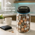 HighPeak Digital Coin Counter Jar filled with mixed coins on a kitchen counter showing digital LCD savings display